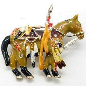 Vintage signed Topp Enamel & Rhinestone Hand Painted Southwestern Horse Pin